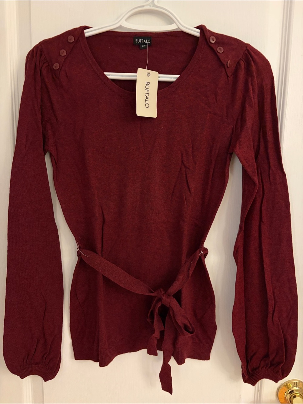 Buffalo David Bitton Burgundy Long-Sleeve Tie-Waist Knit Top